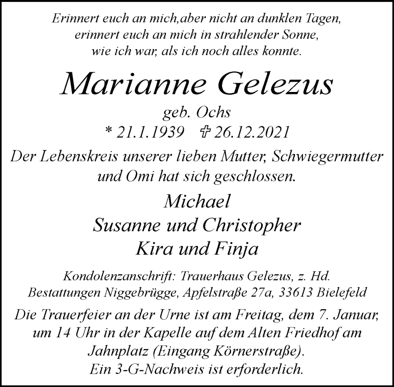  Traueranzeige für Marianne Gelezus vom 31.12.2021 aus Neue Westfälische