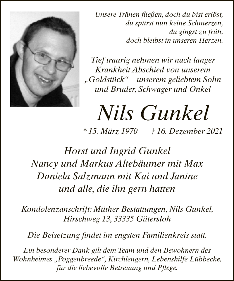  Traueranzeige für Nils Gunkel vom 22.12.2021 aus Neue Westfälische