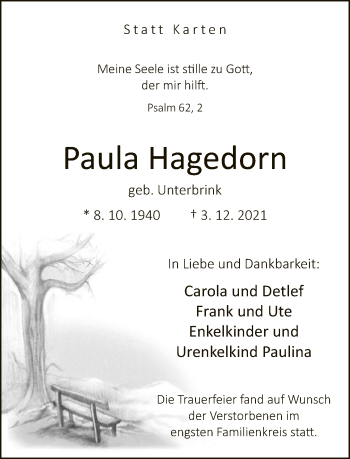 Traueranzeige von Paula Hagedorn von Neue Westfälische