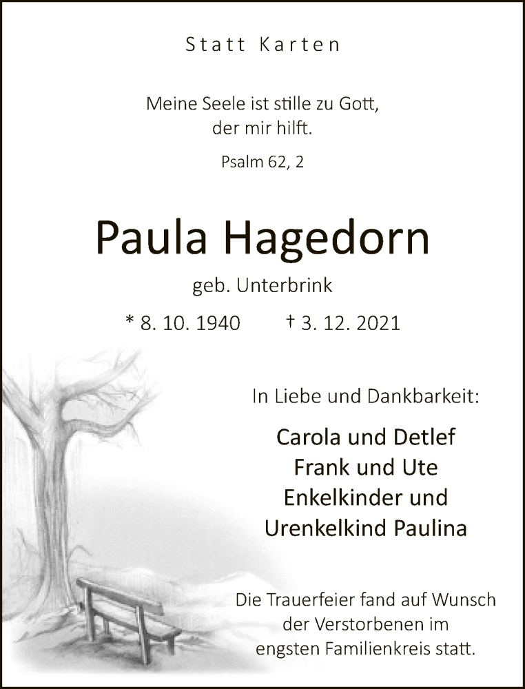  Traueranzeige für Paula Hagedorn vom 21.12.2021 aus Neue Westfälische