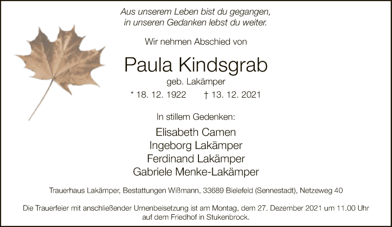  Traueranzeige für Paula Kindsgrab vom 18.12.2021 aus Neue Westfälische