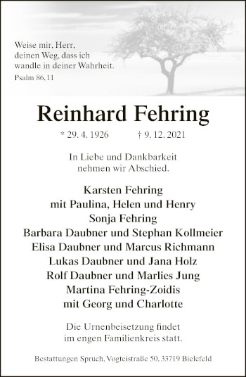 Traueranzeige von Reinhard Fehring von Neue Westfälische