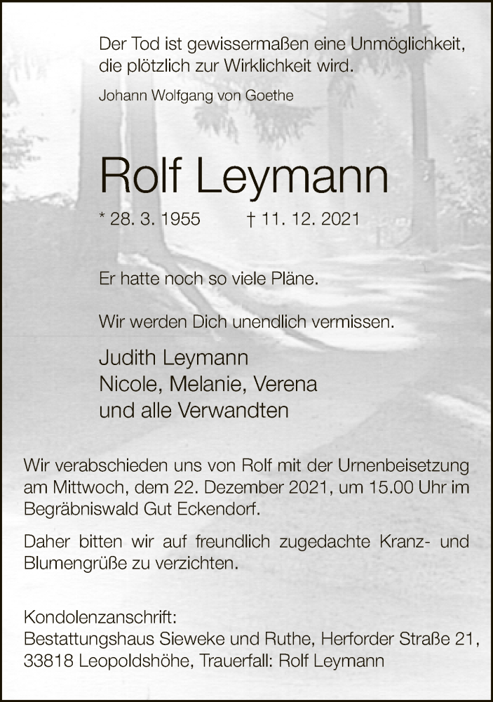  Traueranzeige für Rolf Leymann vom 18.12.2021 aus Neue Westfälische