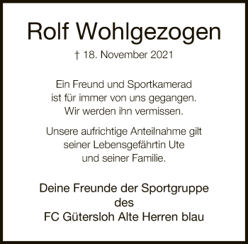 Traueranzeige von Rolf Wohlgezogen von Neue Westfälische