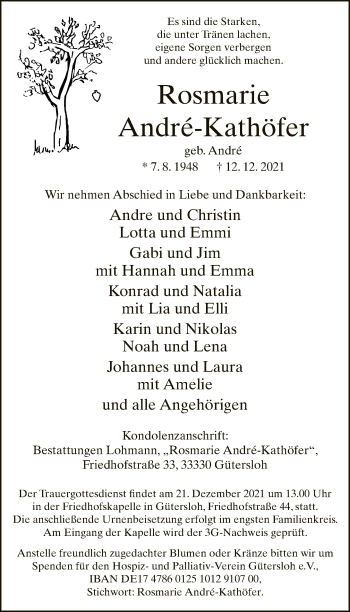 Traueranzeige von Rosmarie André-Kathöfer von Neue Westfälische