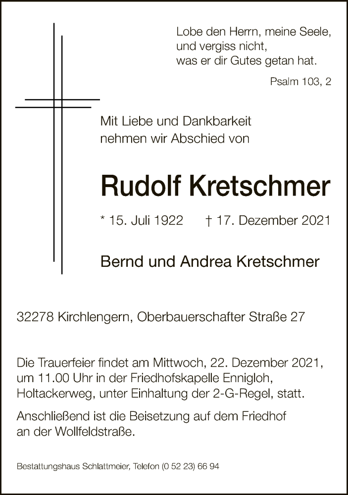  Traueranzeige für Rudolf Kretschmer vom 21.12.2021 aus Neue Westfälische