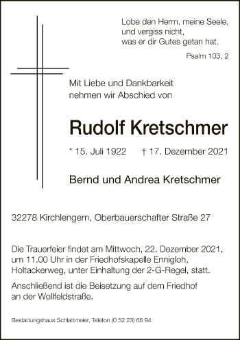 Traueranzeige von Rudolf Kretschmer von Neue Westfälische