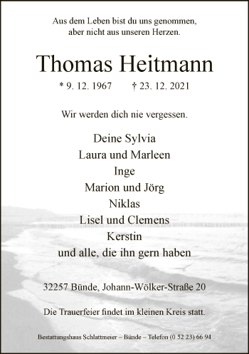 Traueranzeige von Thomas Heitmann von Neue Westfälische