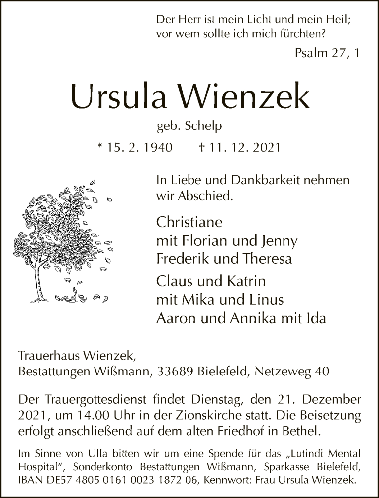  Traueranzeige für Ursula Wienzek vom 18.12.2021 aus Neue Westfälische
