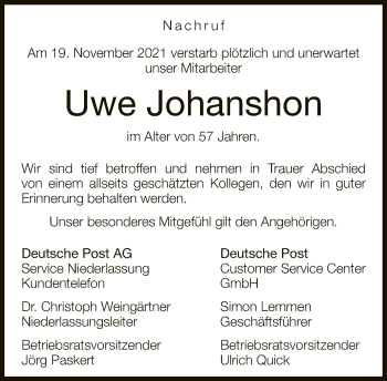 Traueranzeige von Uwe Johanshon von Neue Westfälische