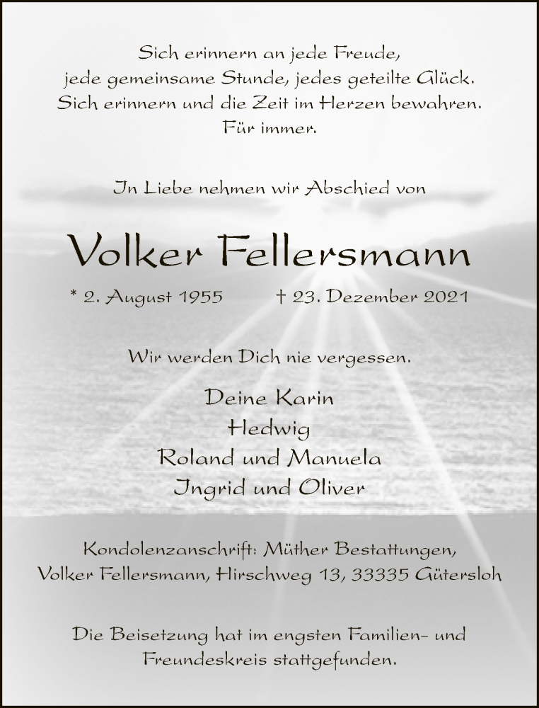  Traueranzeige für Volker Fellersmann vom 31.12.2021 aus Neue Westfälische
