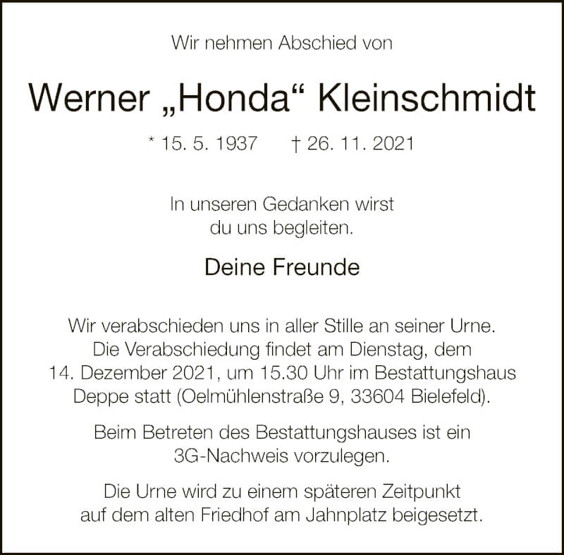  Traueranzeige für Werner Kleinschmidt vom 11.12.2021 aus Neue Westfälische