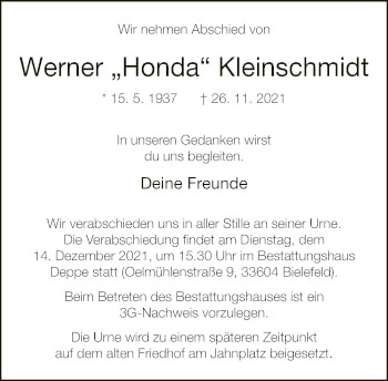 Traueranzeige von Werner Kleinschmidt von Neue Westfälische