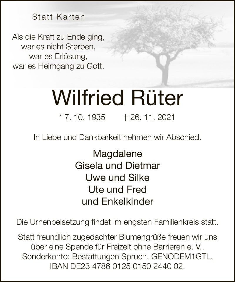  Traueranzeige für Wilfried Rüter vom 04.12.2021 aus Neue Westfälische