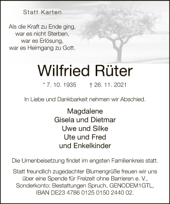 Traueranzeige von Wilfried Rüter von Neue Westfälische