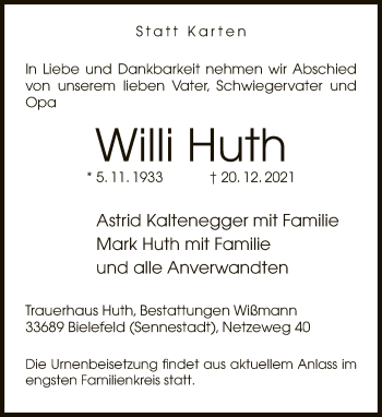 Traueranzeige von Willi Huth von Neue Westfälische