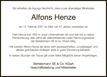Traueranzeige von Alfons Henze von Neue Westfälische