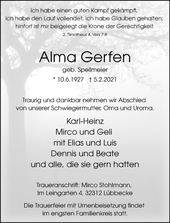 Traueranzeige von Alma Gerfen von Neue Westfälische