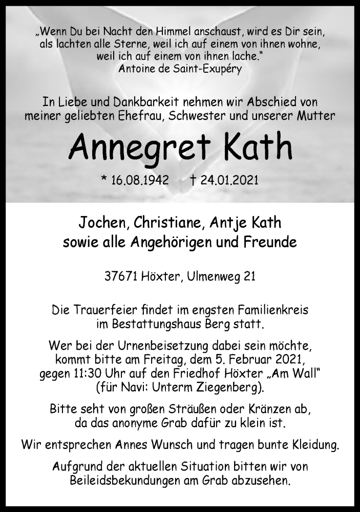  Traueranzeige für Annegret Kath vom 02.02.2021 aus Neue Westfälische