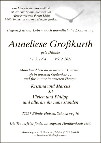 Traueranzeige von Anneliese Großkurth von Neue Westfälische