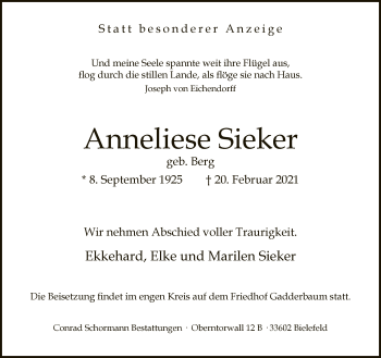 Traueranzeige von Anneliese Sieker von Neue Westfälische