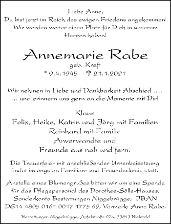 Traueranzeige von Annemarie Rabe von Neue Westfälische
