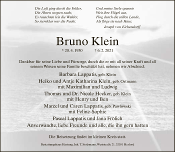 Traueranzeige von Bruno Klein von Neue Westfälische