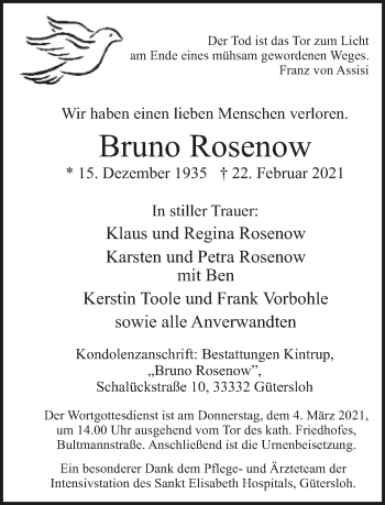 Traueranzeige von Bruno Rosenow von Neue Westfälische