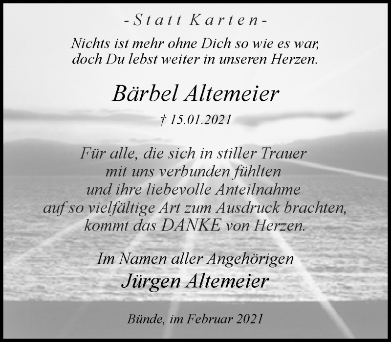  Traueranzeige für Bärbel Altemeier vom 13.02.2021 aus Neue Westfälische