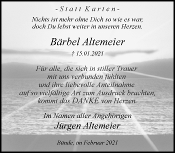 Traueranzeige von Bärbel Altemeier von Neue Westfälische