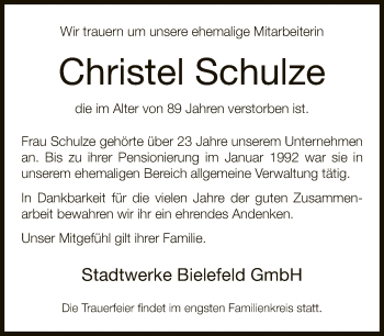 Traueranzeige von Christel Schulze von Neue Westfälische