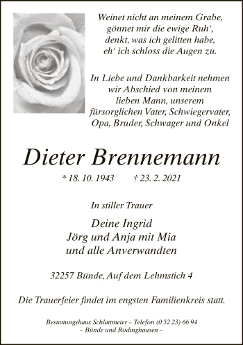 Traueranzeige von Dieter Brennemann von Neue Westfälische