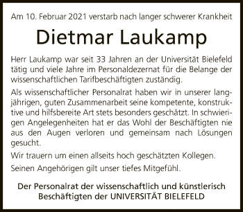 Traueranzeige von Dietmar Laukamp von Neue Westfälische