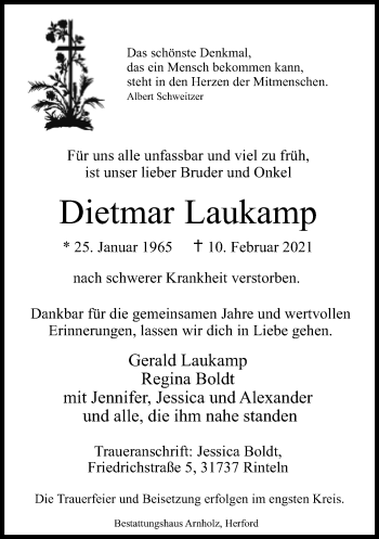 Traueranzeige von Dietmar Laukamp von Neue Westfälische