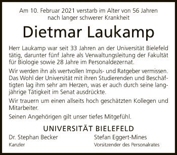 Traueranzeige von Dietmar Laukamp von Neue Westfälische