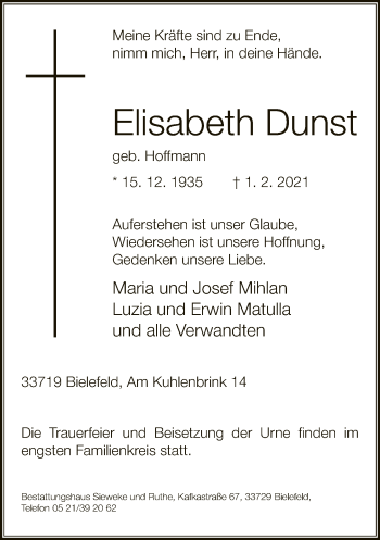 Traueranzeige von Elisabeth Dunst von Neue Westfälische