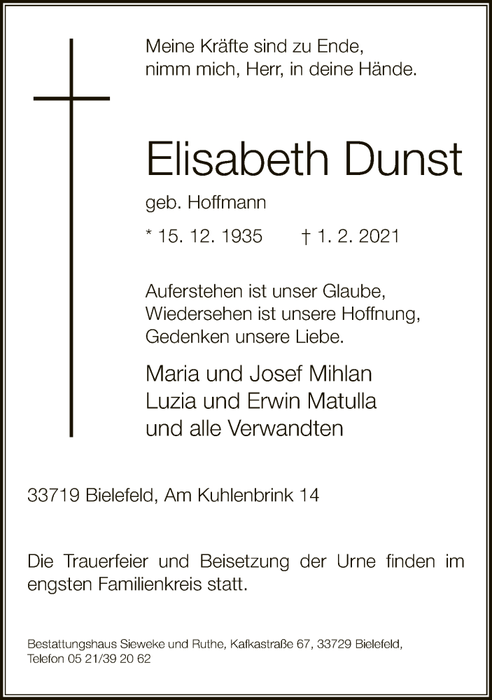  Traueranzeige für Elisabeth Dunst vom 06.02.2021 aus Neue Westfälische