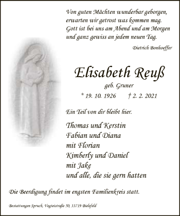Traueranzeige von Elisabeth Reuß von Neue Westfälische