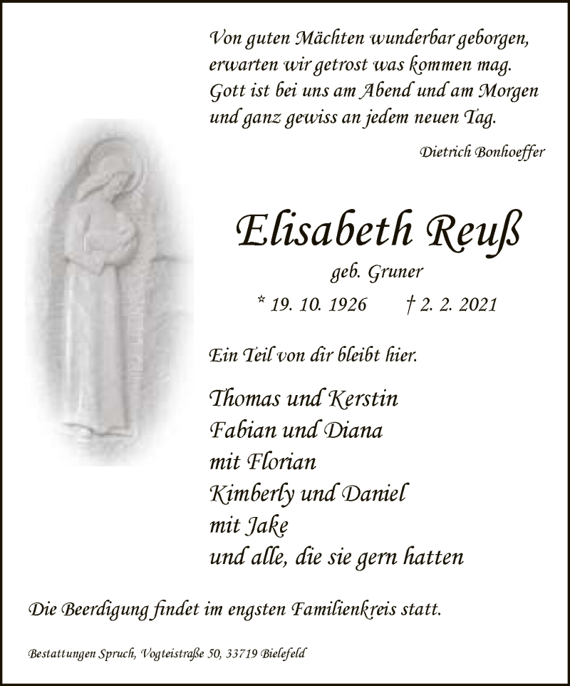  Traueranzeige für Elisabeth Reuß vom 06.02.2021 aus Neue Westfälische