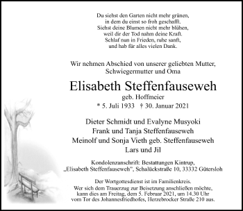 Traueranzeige von Elisabeth Steffenauseweh von Neue Westfälische