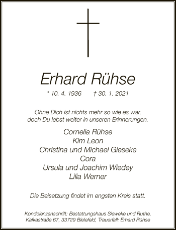 Traueranzeige von Erhard Rühse von Neue Westfälische