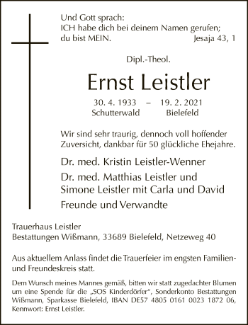 Traueranzeige von Ernst Leistler von Neue Westfälische