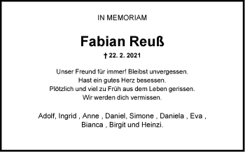 Traueranzeige von Fabian Reuß von Neue Westfälische