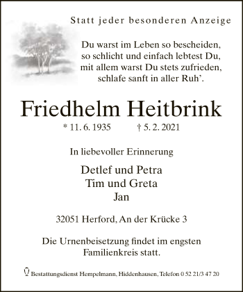 Traueranzeige von Friedhelm Heitbrink von Neue Westfälische