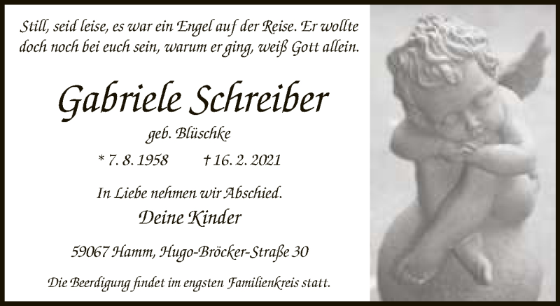  Traueranzeige für Gabriele Schreiber vom 20.02.2021 aus Neue Westfälische