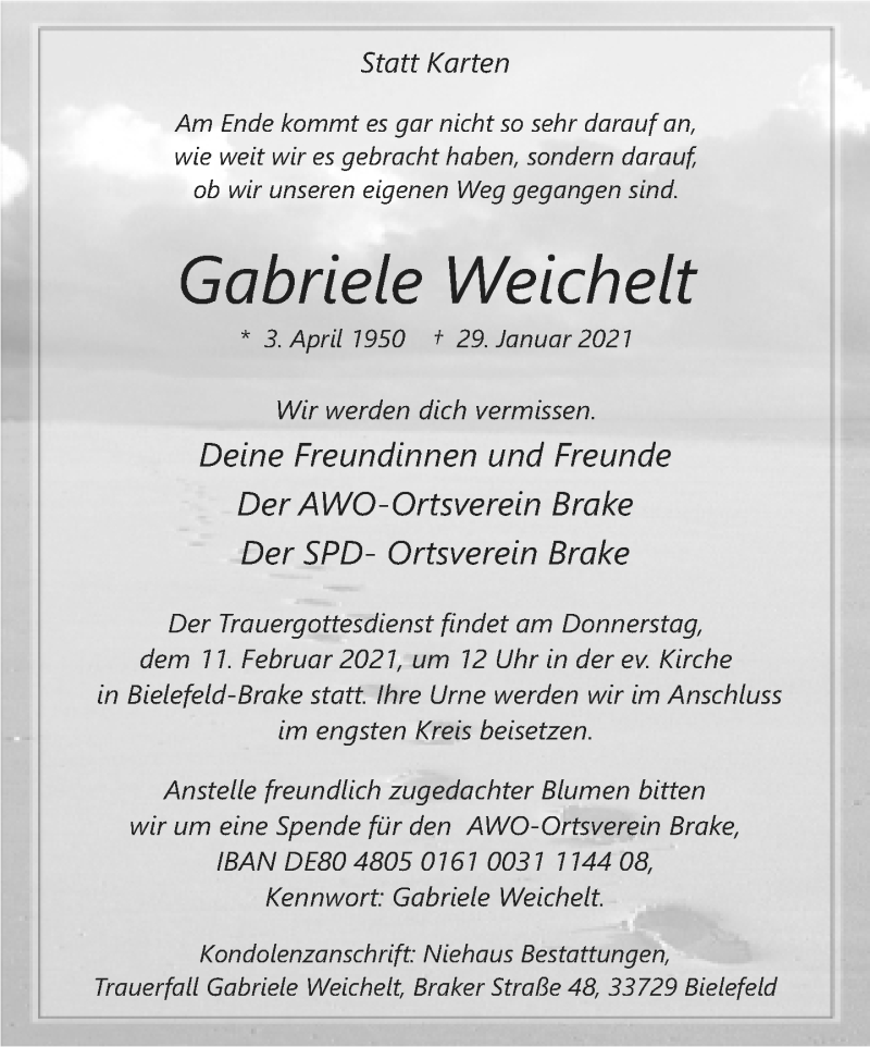  Traueranzeige für Gabriele Weichelt vom 06.02.2021 aus Neue Westfälische