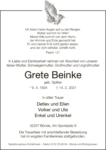 Traueranzeige von Grete Beinke von Neue Westfälische
