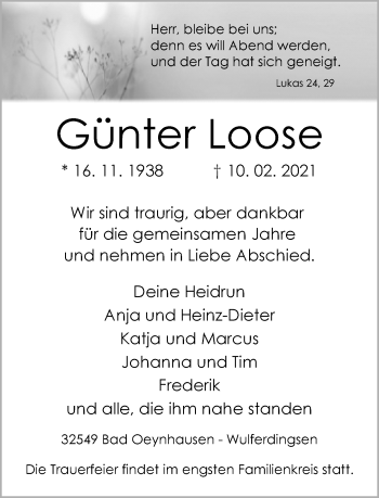 Traueranzeige von Günter Loose von Neue Westfälische