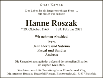 Traueranzeige von Hanne Roszak von Neue Westfälische