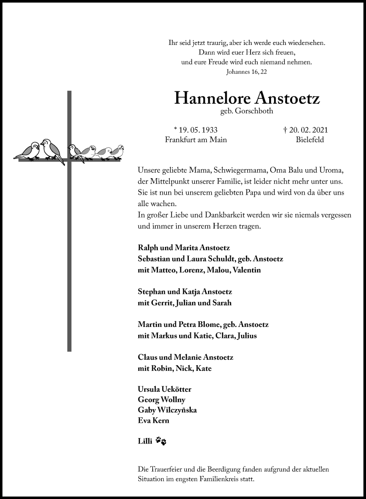  Traueranzeige für Hannelore Anstoetz vom 27.02.2021 aus Neue Westfälische